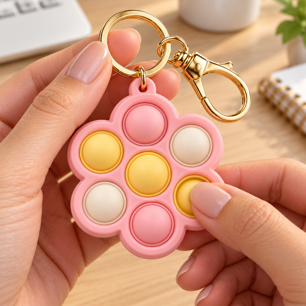 Peach Bloom Bubble Fidget Keychain with Keyring & Clip