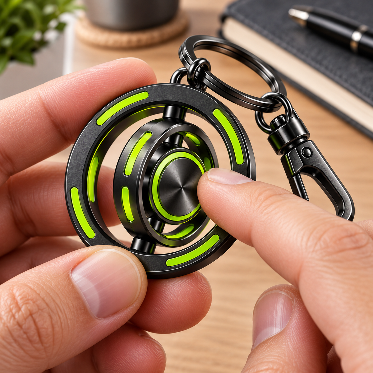 Lime Orbit Gimbal Spinner Fidget Keychain with Clip