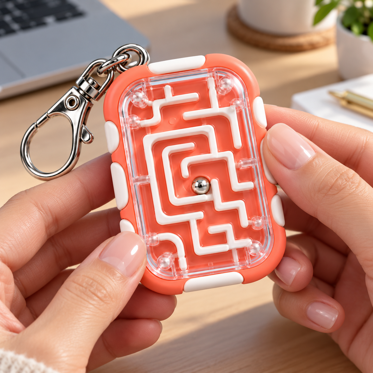 Coral Maze Ball Puzzle Keychain with Clip