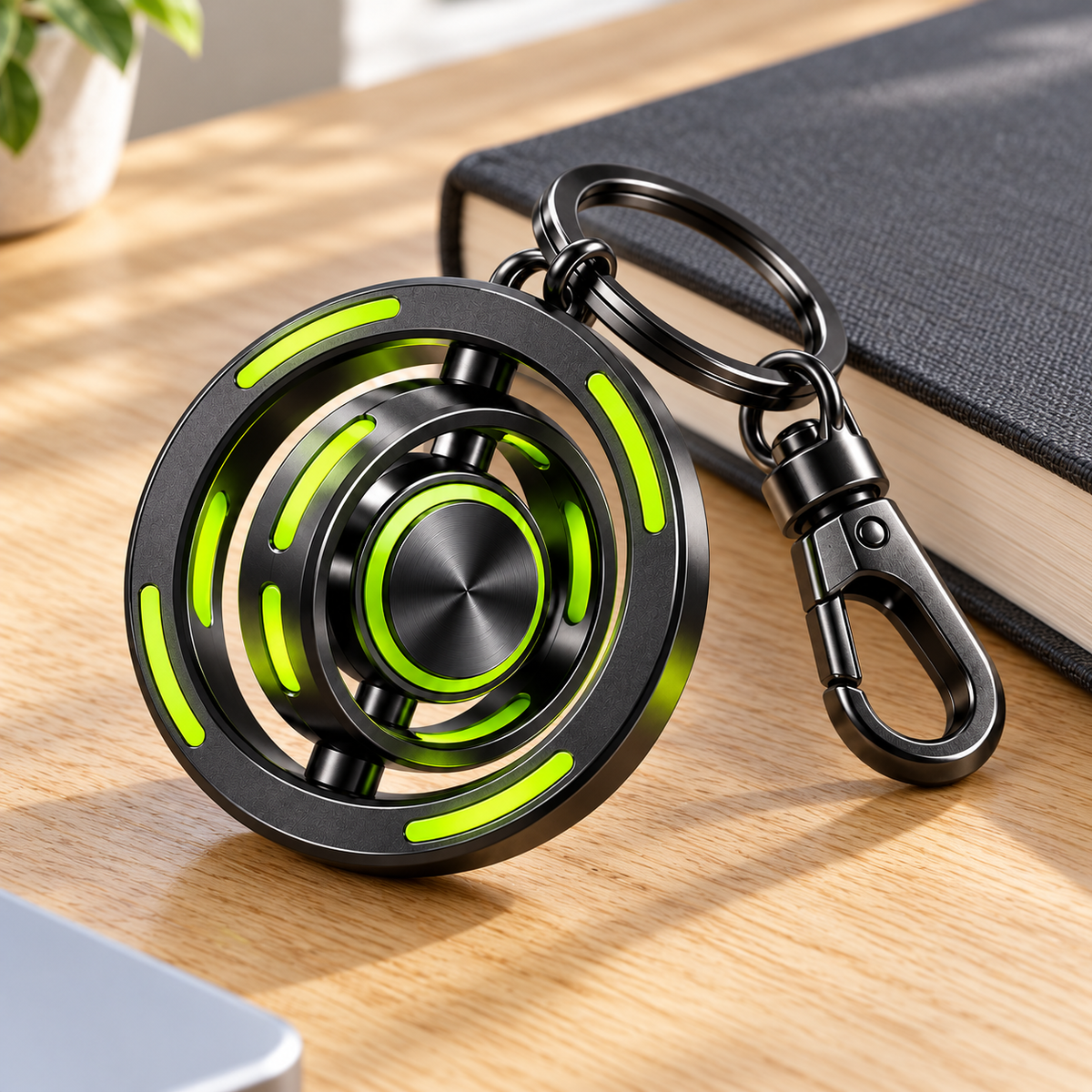 Lime Orbit Gimbal Spinner Fidget Keychain with Clip