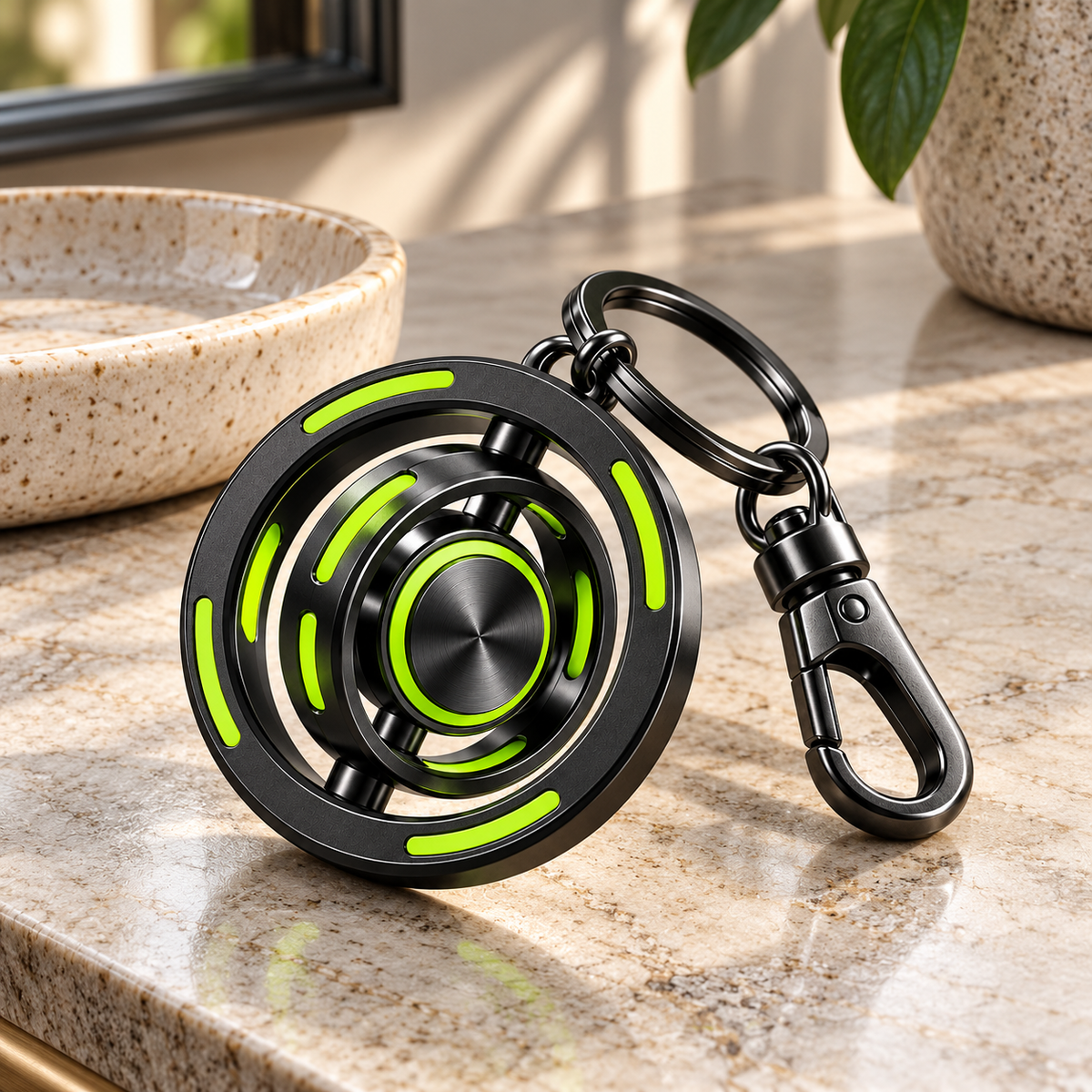 Lime Orbit Gimbal Spinner Fidget Keychain with Clip
